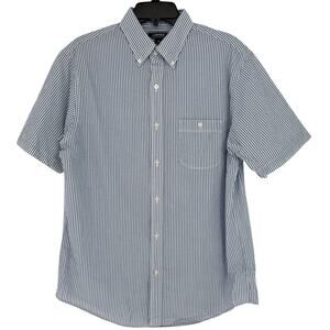 Land's End Men's Seersucker Casual Shirt Button Down Short Sleeve Blue White